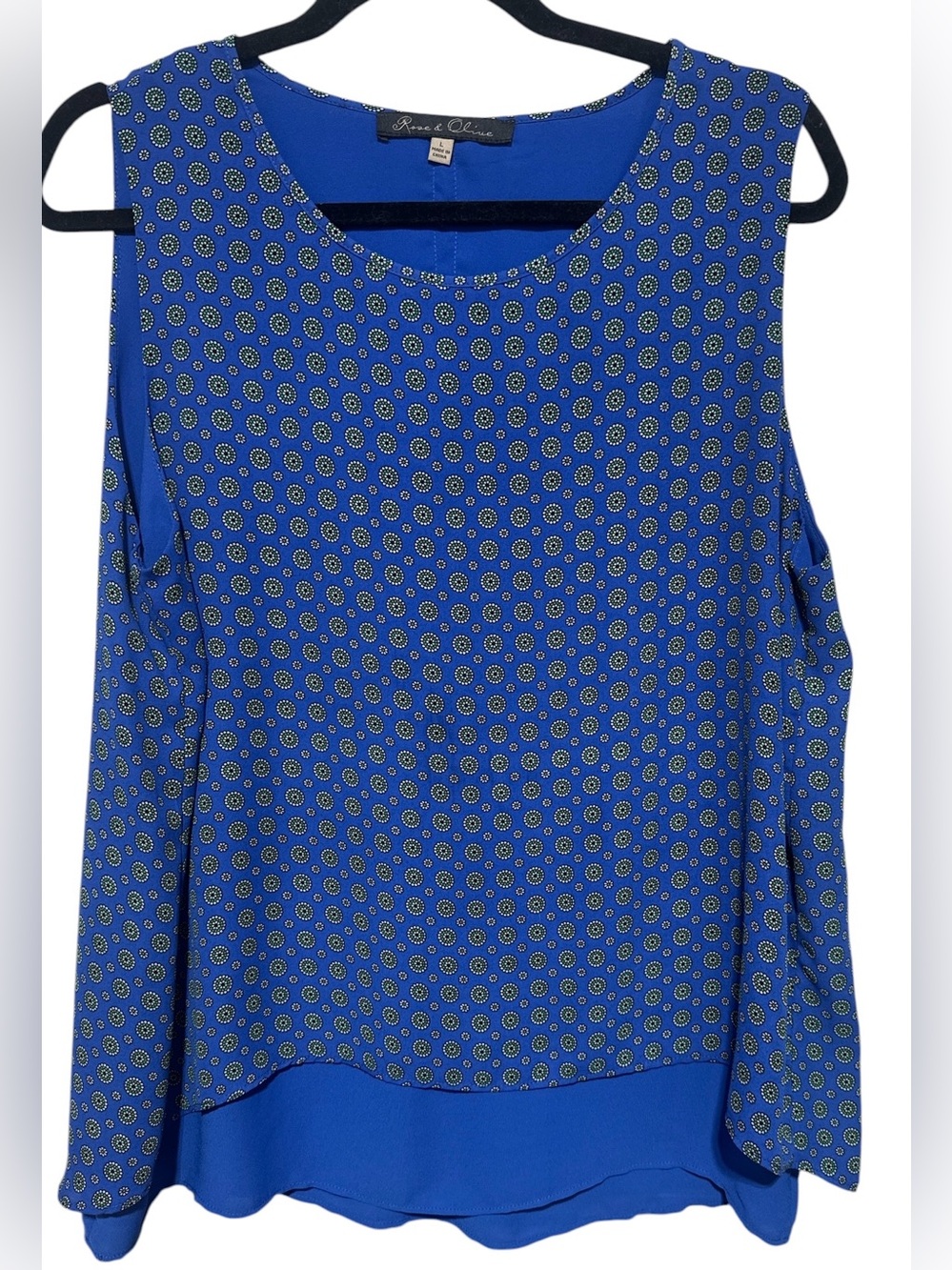 Rose & Olive Blue Sleeveless Layered Blouse Size L Geometric Print Top